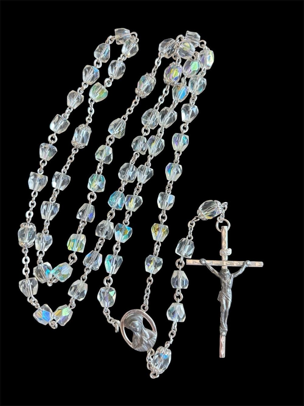 VTG Glass Aurora Borealis Crystal Bead Rosary 23” MCM